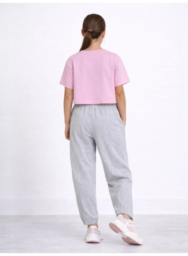 Victor And Jane  Girls 3 Pc Set Monaco Print T-Shirt & Barrel Pants Set – Pink & Grey Melange for Women | Best Price UAE